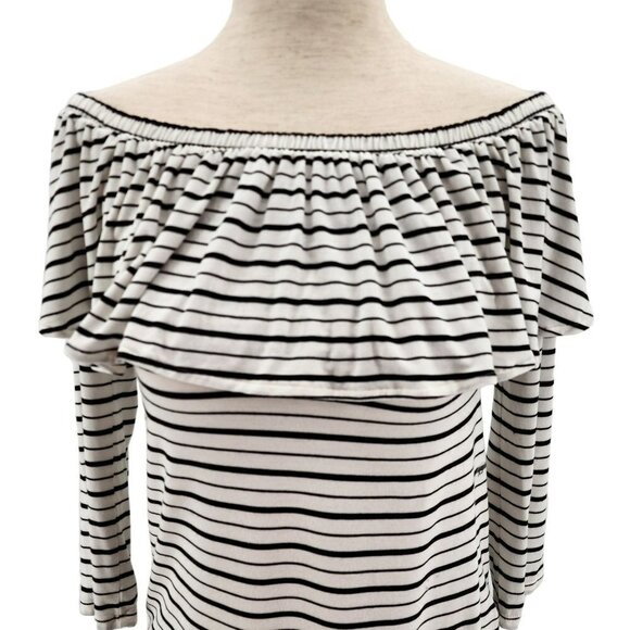 NWT American Eagle Striped White Black Ruffle Off The Shoulder Top Womens XS - Picture 2 of 9
